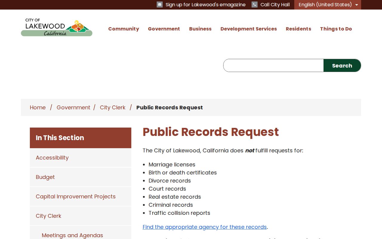 Lakewood people search City Clerk records request