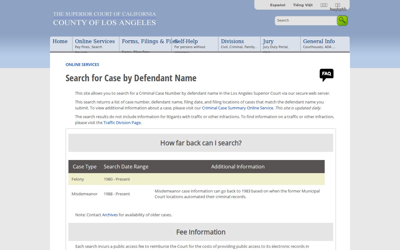 Lakewood court records criminal defendant search at Los Angeles Superior Court