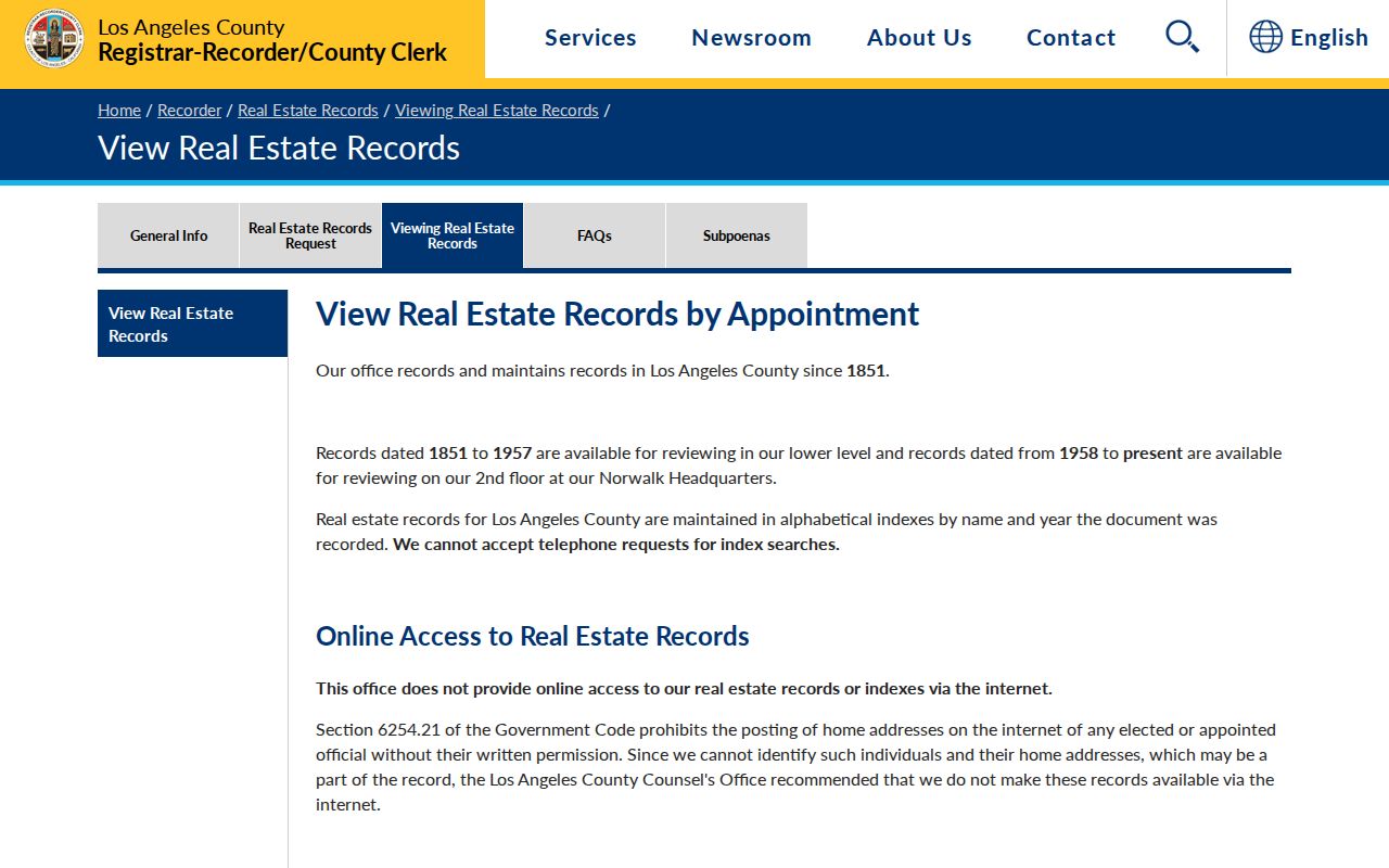 Lakewood records access for the Los Angeles County real estate index