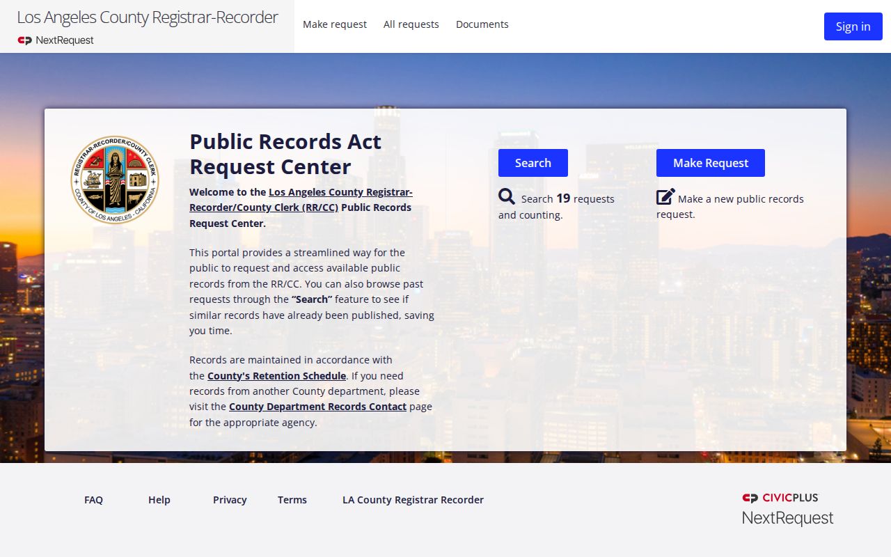 Lakewood open records requests in the Los Angeles County RRCC NextRequest portal