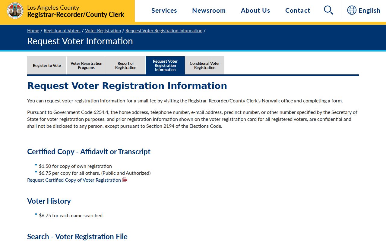 Lakewood voter registration records request page from Los Angeles County
